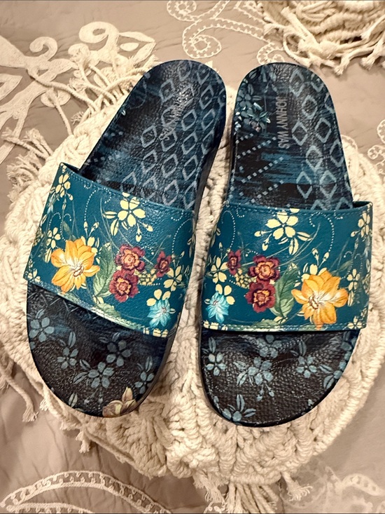 Johnny Was Shoes - Johnny Was Teal Ciaga Floral Slide Sandals with Yellow and Red Blooms